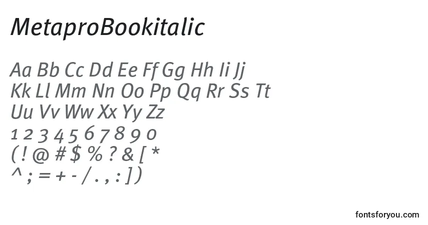 Schriftart MetaproBookitalic – Alphabet, Zahlen, spezielle Symbole