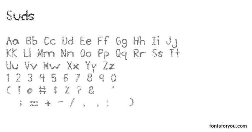 Czcionka Suds – alfabet, cyfry, specjalne znaki