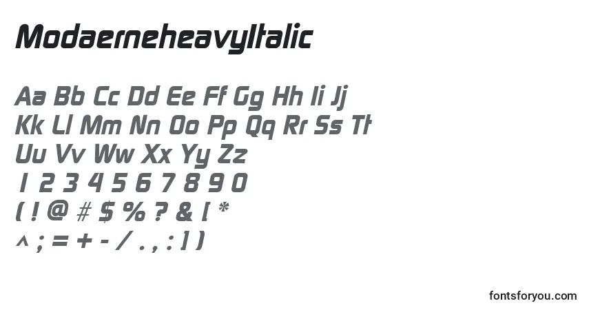 A fonte ModaerneheavyItalic – alfabeto, números, caracteres especiais