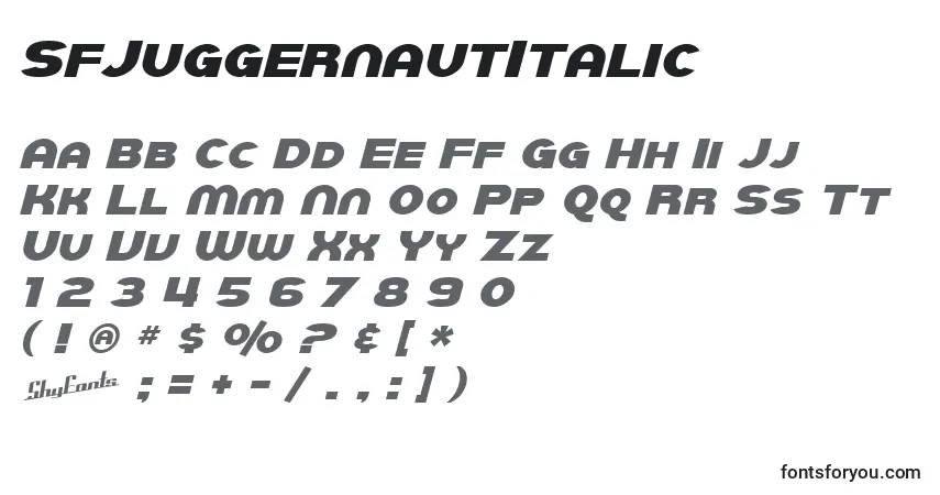 Czcionka SfJuggernautItalic – alfabet, cyfry, specjalne znaki