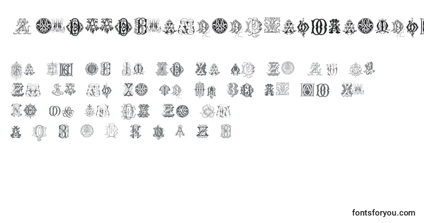 A fonte IntellectaMonogramsRandomSamplesEight – alfabeto, números, caracteres especiais