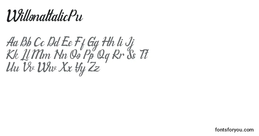 Schriftart WillonaItalicPu – Alphabet, Zahlen, spezielle Symbole