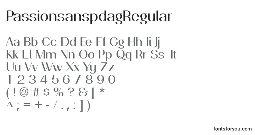 Schriftart PassionsanspdagRegular – Alphabet, Zahlen, spezielle Symbole