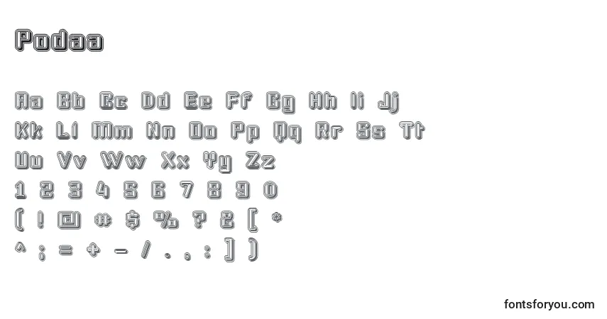 Schriftart Podaa – Alphabet, Zahlen, spezielle Symbole