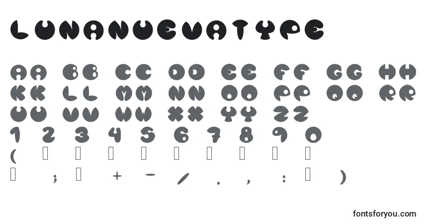 A fonte Lunanuevatype – alfabeto, números, caracteres especiais