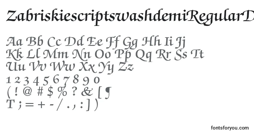 A fonte ZabriskiescriptswashdemiRegularDb – alfabeto, números, caracteres especiais