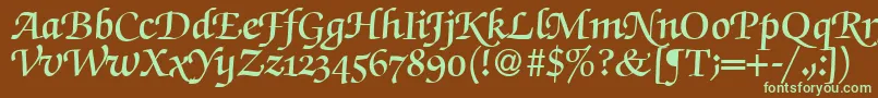 フォントZabriskiescriptswashdemiRegularDb – 緑色の文字が茶色の背景にあります。