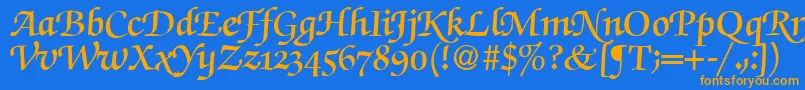 フォントZabriskiescriptswashdemiRegularDb – オレンジ色の文字が青い背景にあります。