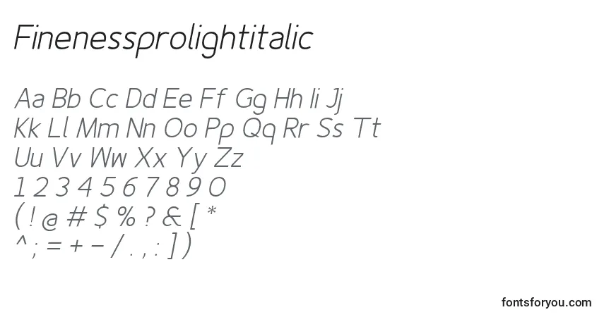 Schriftart Finenessprolightitalic – Alphabet, Zahlen, spezielle Symbole