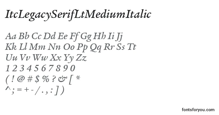 A fonte ItcLegacySerifLtMediumItalic – alfabeto, números, caracteres especiais