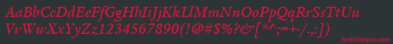 フォントItcLegacySerifLtMediumItalic – 黒い背景に赤い文字