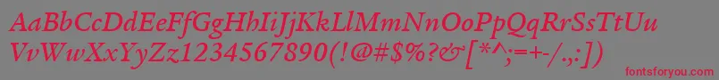 ItcLegacySerifLtMediumItalic-Schriftart – Rote Schriften auf grauem Hintergrund