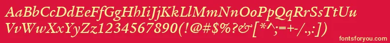 ItcLegacySerifLtMediumItalic-fontti – keltaiset fontit punaisella taustalla