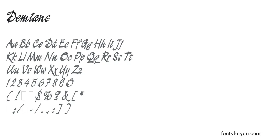 Schriftart Demianc – Alphabet, Zahlen, spezielle Symbole