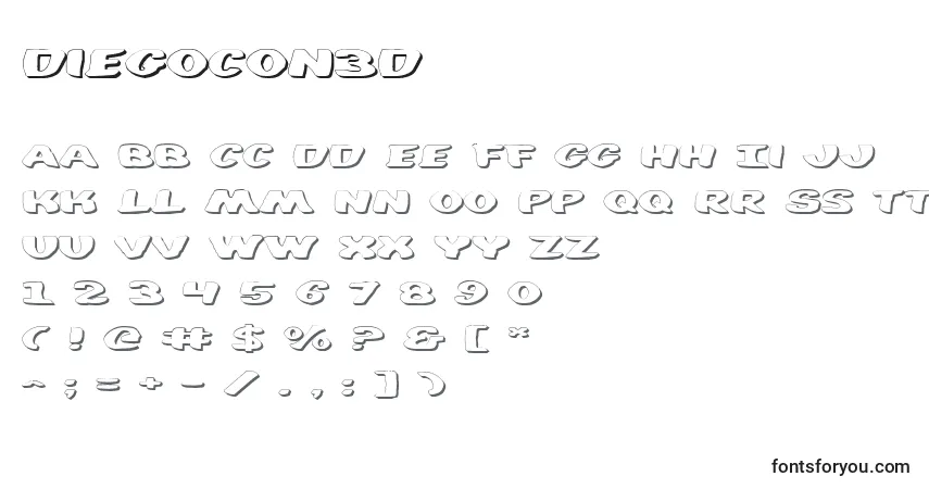 Czcionka Diegocon3D – alfabet, cyfry, specjalne znaki