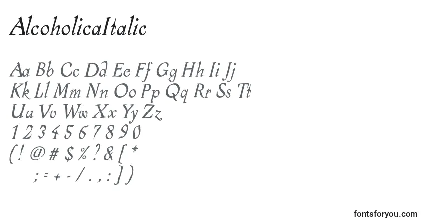 Шрифт AlcoholicaItalic – алфавит, цифры, специальные символы