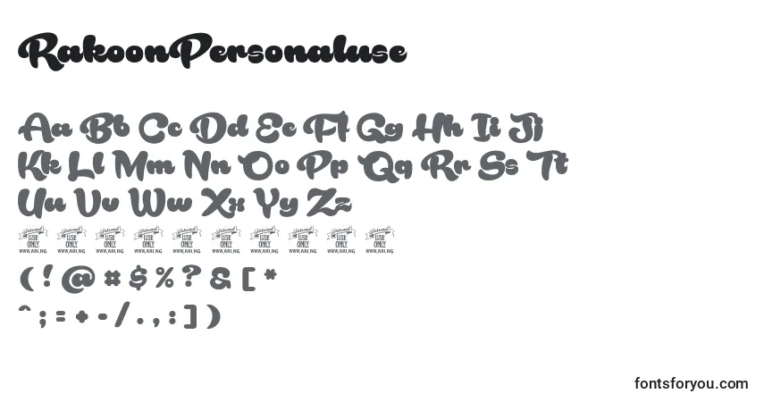 A fonte RakoonPersonaluse – alfabeto, números, caracteres especiais