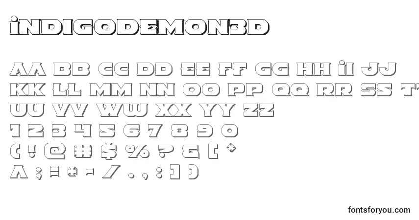 A fonte Indigodemon3D – alfabeto, números, caracteres especiais