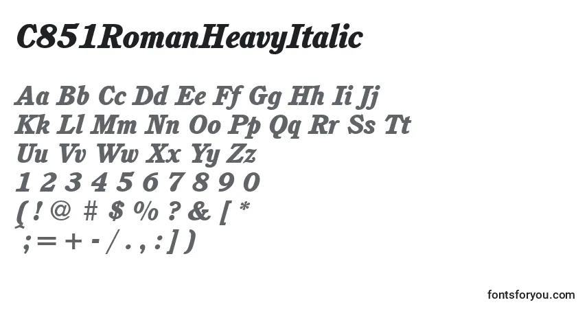 Czcionka C851RomanHeavyItalic – alfabet, cyfry, specjalne znaki