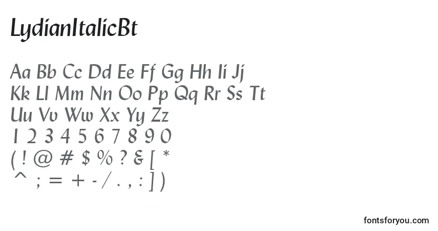 Шрифт LydianItalicBt – алфавит, цифры, специальные символы