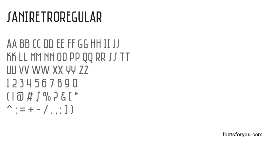 Schriftart SaniretroRegular – Alphabet, Zahlen, spezielle Symbole