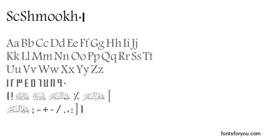 Czcionka ScShmookh01 – alfabet, cyfry, specjalne znaki