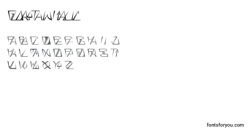 A fonte GloryThinItalic – alfabeto, números, caracteres especiais