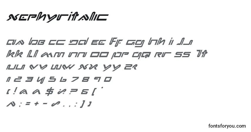 XephyrItalic-fontti – aakkoset, numerot, erikoismerkit