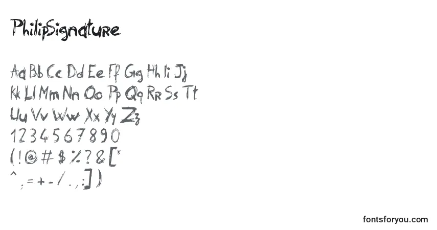 A fonte PhilipSignature – alfabeto, números, caracteres especiais