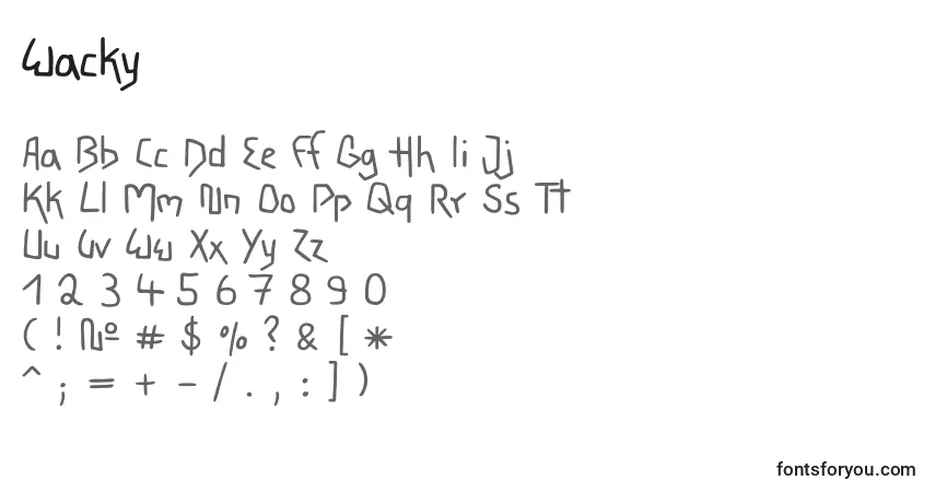 Czcionka Wacky – alfabet, cyfry, specjalne znaki