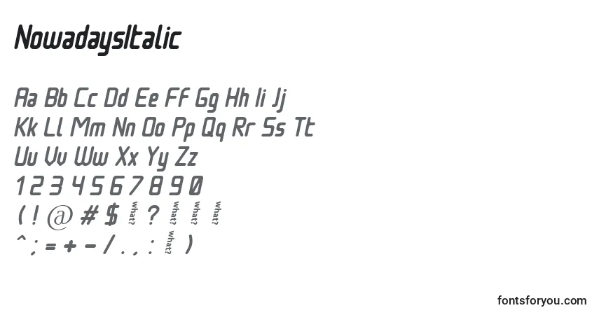 Шрифт NowadaysItalic – алфавит, цифры, специальные символы