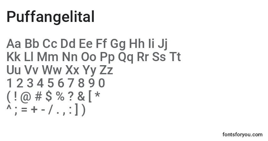 Schriftart Puffangelital – Alphabet, Zahlen, spezielle Symbole