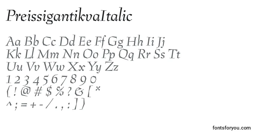 Czcionka PreissigantikvaItalic – alfabet, cyfry, specjalne znaki