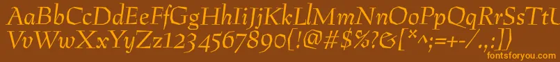 PreissigantikvaItalic-Schriftart – Orangefarbene Schriften auf braunem Hintergrund