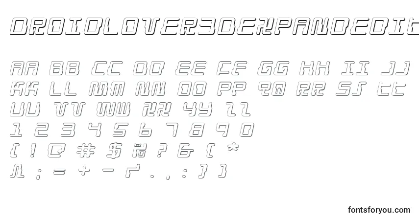 A fonte DroidLover3DExpandedItalic – alfabeto, números, caracteres especiais