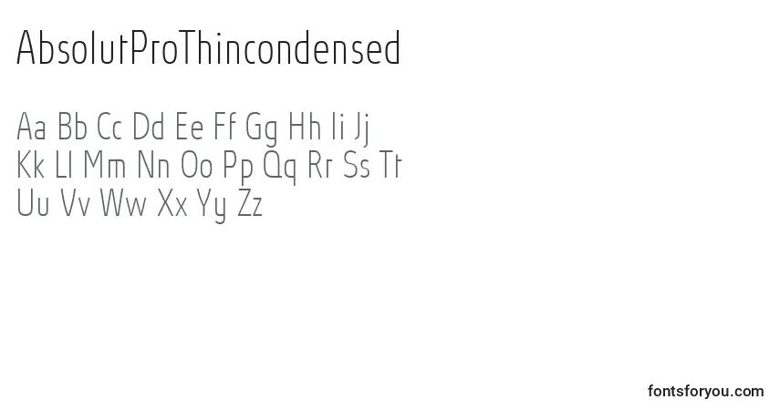 Schriftart AbsolutProThincondensed – Alphabet, Zahlen, spezielle Symbole