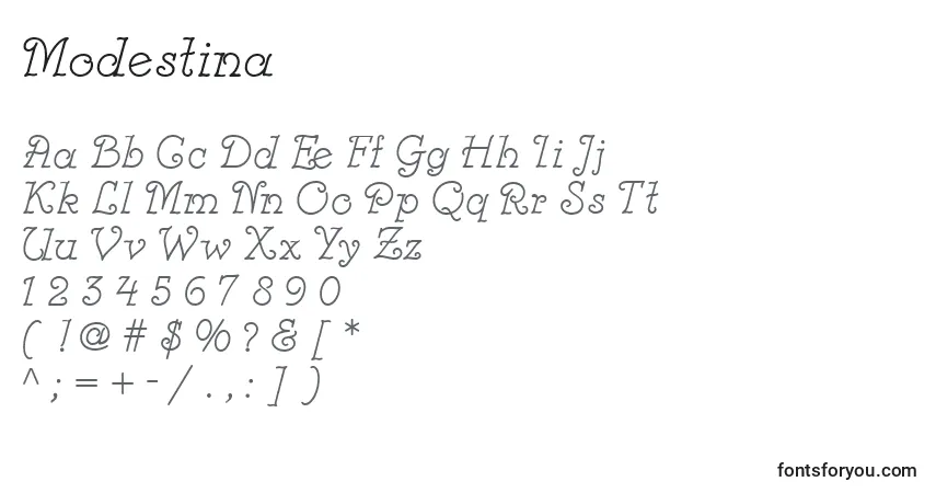 Czcionka Modestina – alfabet, cyfry, specjalne znaki