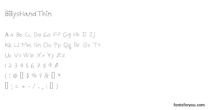 A fonte BillysHandThin – alfabeto, números, caracteres especiais