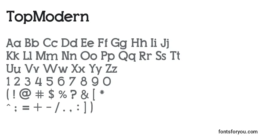 TopModern-fontti – aakkoset, numerot, erikoismerkit