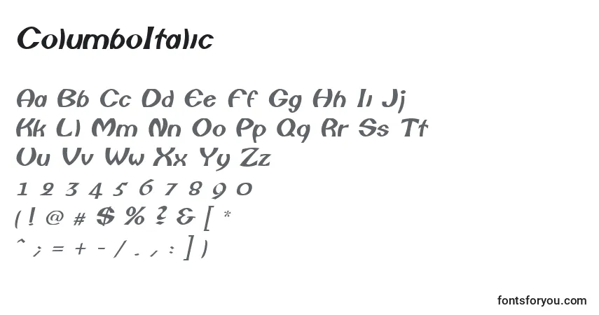 A fonte ColumboItalic – alfabeto, números, caracteres especiais