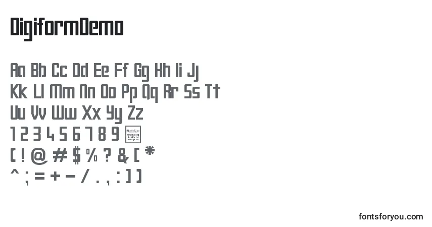 DigiformDemo-fontti – aakkoset, numerot, erikoismerkit