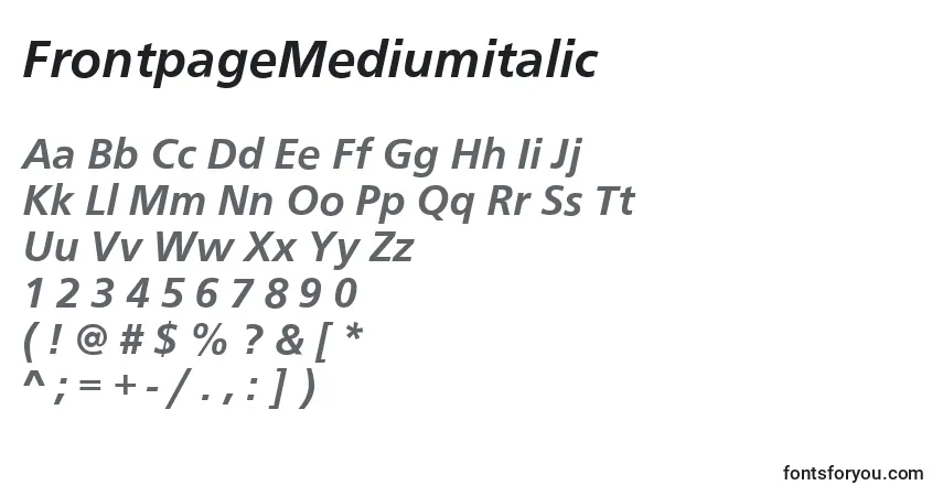Шрифт FrontpageMediumitalic – алфавит, цифры, специальные символы