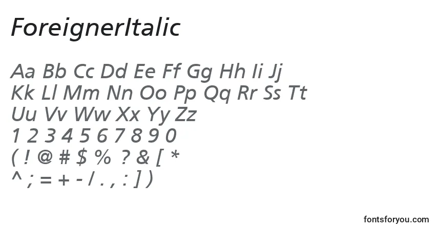 Шрифт ForeignerItalic – алфавит, цифры, специальные символы