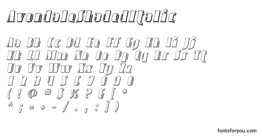 A fonte AvondaleShadedItalic – alfabeto, números, caracteres especiais