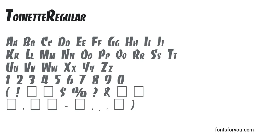 Schriftart ToinetteRegular – Alphabet, Zahlen, spezielle Symbole