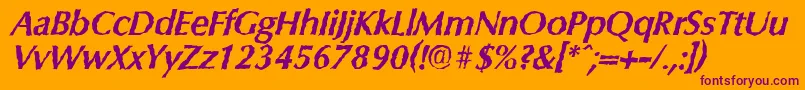 ColumbiarandomBolditalic-Schriftart – Violette Schriften auf orangefarbenem Hintergrund