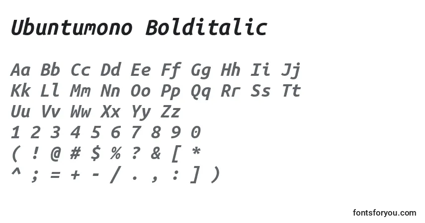 A fonte Ubuntumono Bolditalic – alfabeto, números, caracteres especiais