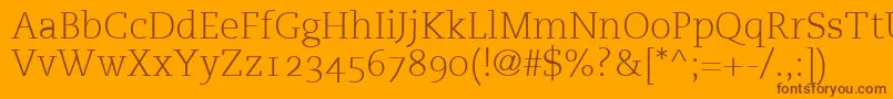 PmnCaecilia45LightOldstyleFigures-fontti – ruskeat fontit oranssilla taustalla
