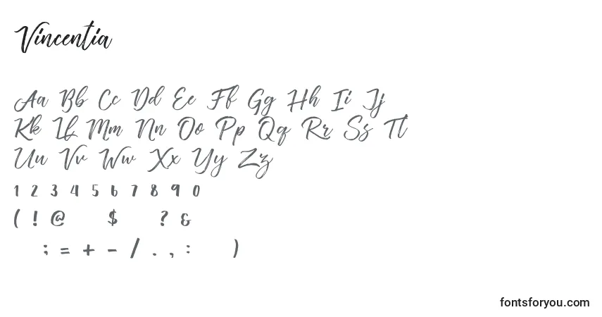 Czcionka Vincentia – alfabet, cyfry, specjalne znaki