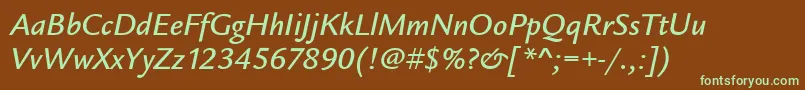 フォントLegacySansItcMediumItalic – 緑色の文字が茶色の背景にあります。